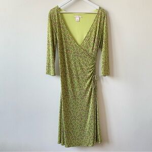 Sigrid Olsen Green Diamond Pattern Long Sleeve Dress Faux Wrap Dress Size 4